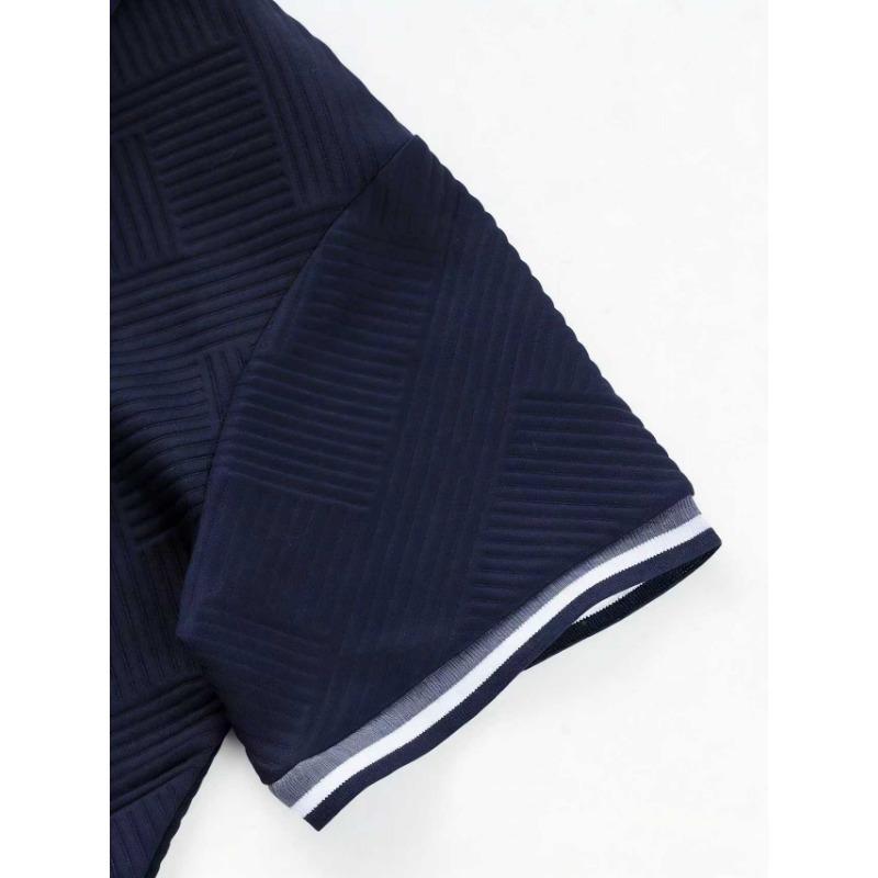 Men's Casual Navy Textured Polo Shirt Drawstring Shorts Summer Outfit