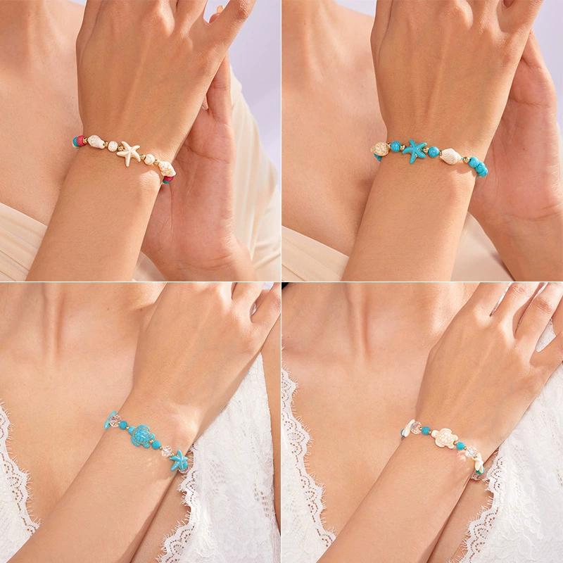 Pulsera Boho de Conchas de Mar Estrella de Mar Para Mujeres Niñas Amuleto de Tortuga Cuerda Tejida Hecha a Mano Cuentas Joyería de Verano Regalos de Playa