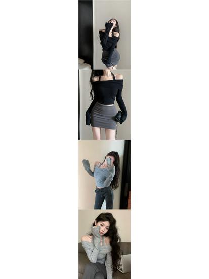 Women's Off-Shoulder Halter Neck Long-Sleeve Knitted Sweater – Slim Fit Short Style for Autumn & Winter