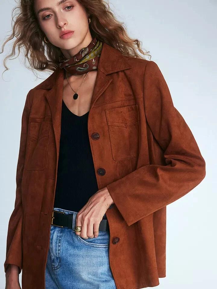 Blazer Marrón de Diseño Elegante para Mujer Hecho a Mano de Ante de Cuero Puro para Oficina Formal