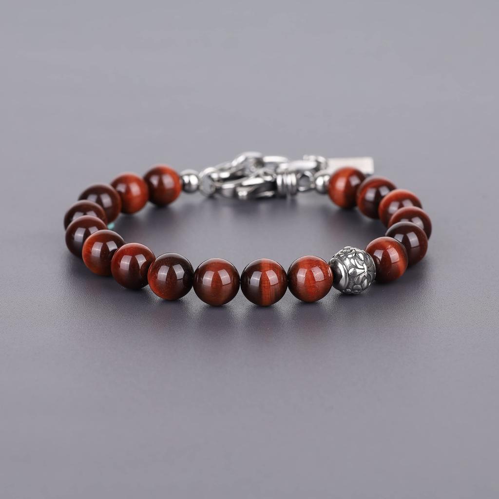 8mm Red Tiger Eye Lucky Charm Bracelet [COAI] Fleur-de-lis