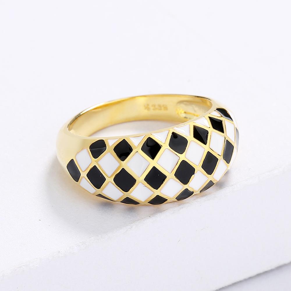 Anel feminino para anel preto e branco anel xadrez da moda anel feito à mão esmalte festa joias anel de noivado anel de casamento