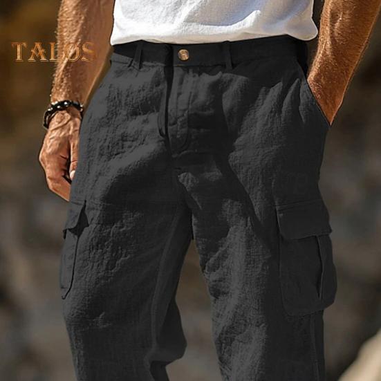 Men's Casual Straight Trousers Solid Color Streetwear Pants Loose Fit Beach Style Pants with Multiple Pockets for Fitness Travel Daily Wear