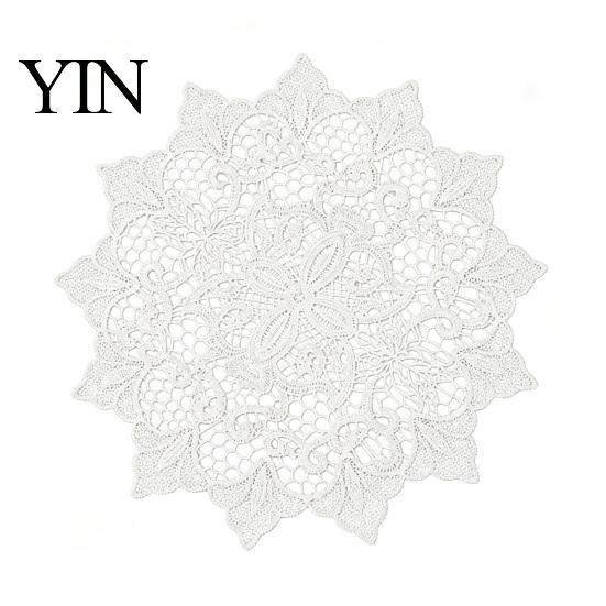 Bridal Shower Table Accents Round White Lace Doily, Retro Placemat, Embroidered Mat, Durable Polyester Doilies Elegant for Wedding Dining Decor