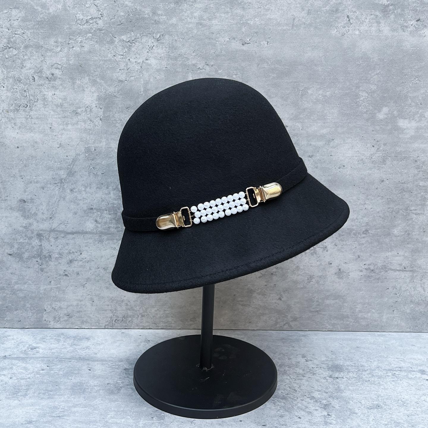 Шерстяная шляпа-ведро в стиле Хепберн, ретро, с жемчужным декором, куполообразная, французский топ-шляпа, женская, элегантная, теплая, фетровая шляпа M（56-58cm）