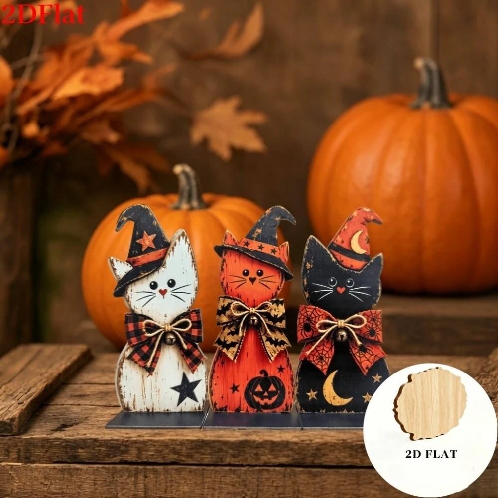 3Pcs Thickened 2D Flat Wooden Halloween Witch Cat Set Thanksgiving Party