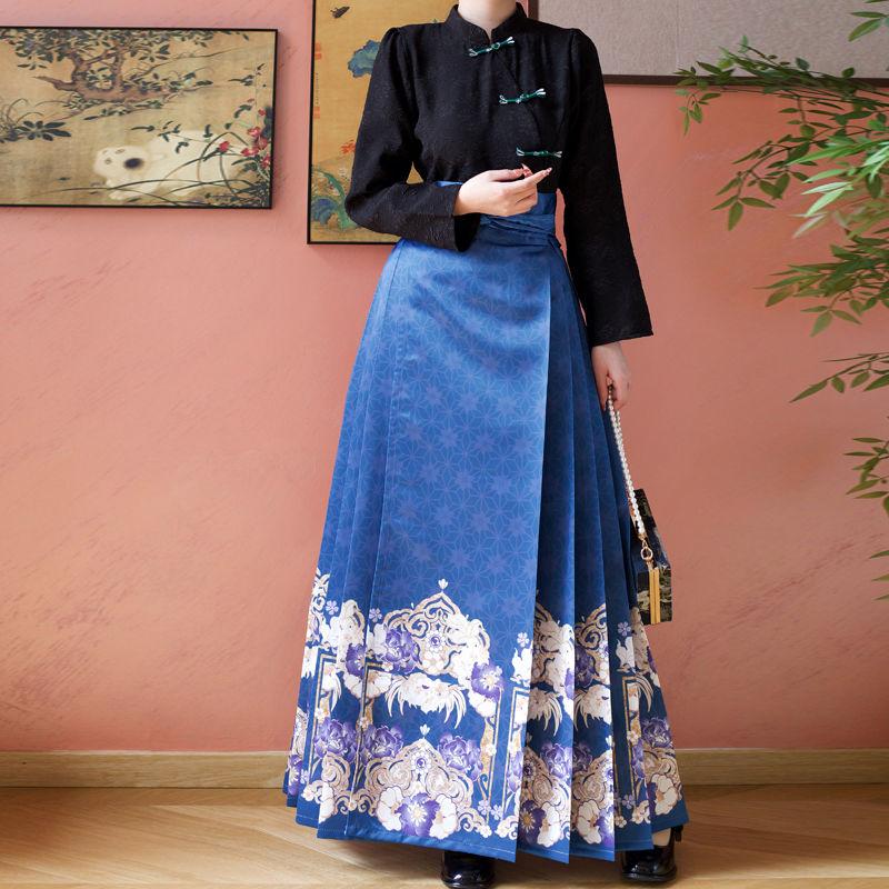 Chinese Ming Dynasty Style Hanfu For Women Stand Collar Summer Daily Printed horse-face Skirt