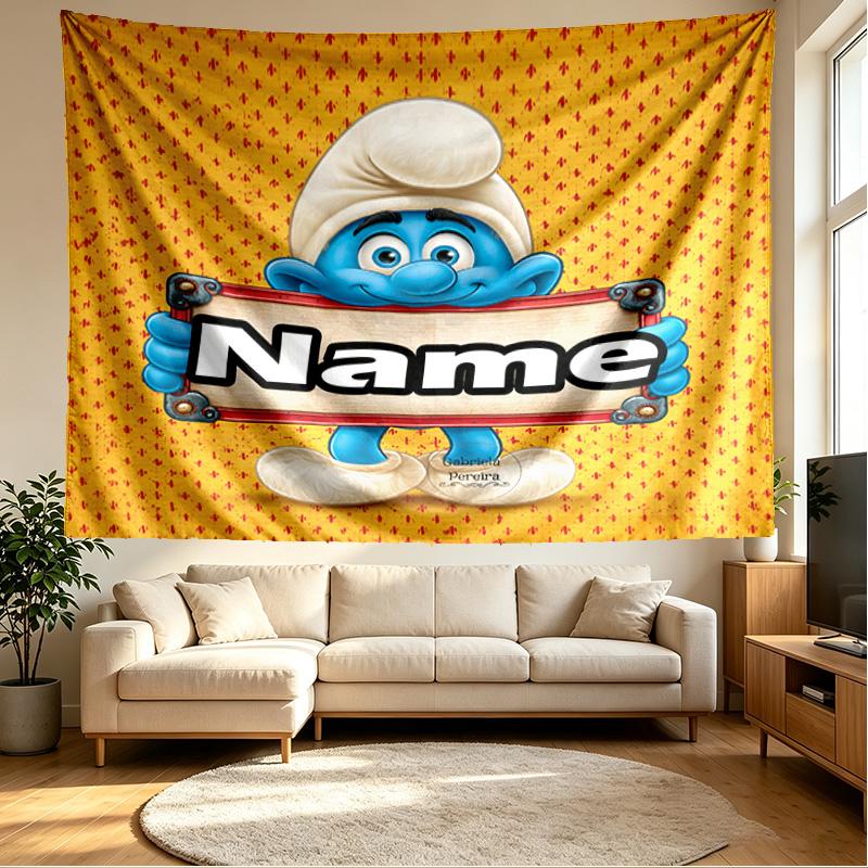 Custom Name Personalized Blue Smurfs Print Tapestry, Wall Art Decor, Bedroom, Dorm, Apartment, LivingRoom, Party Backdrop, Gift for Birthday