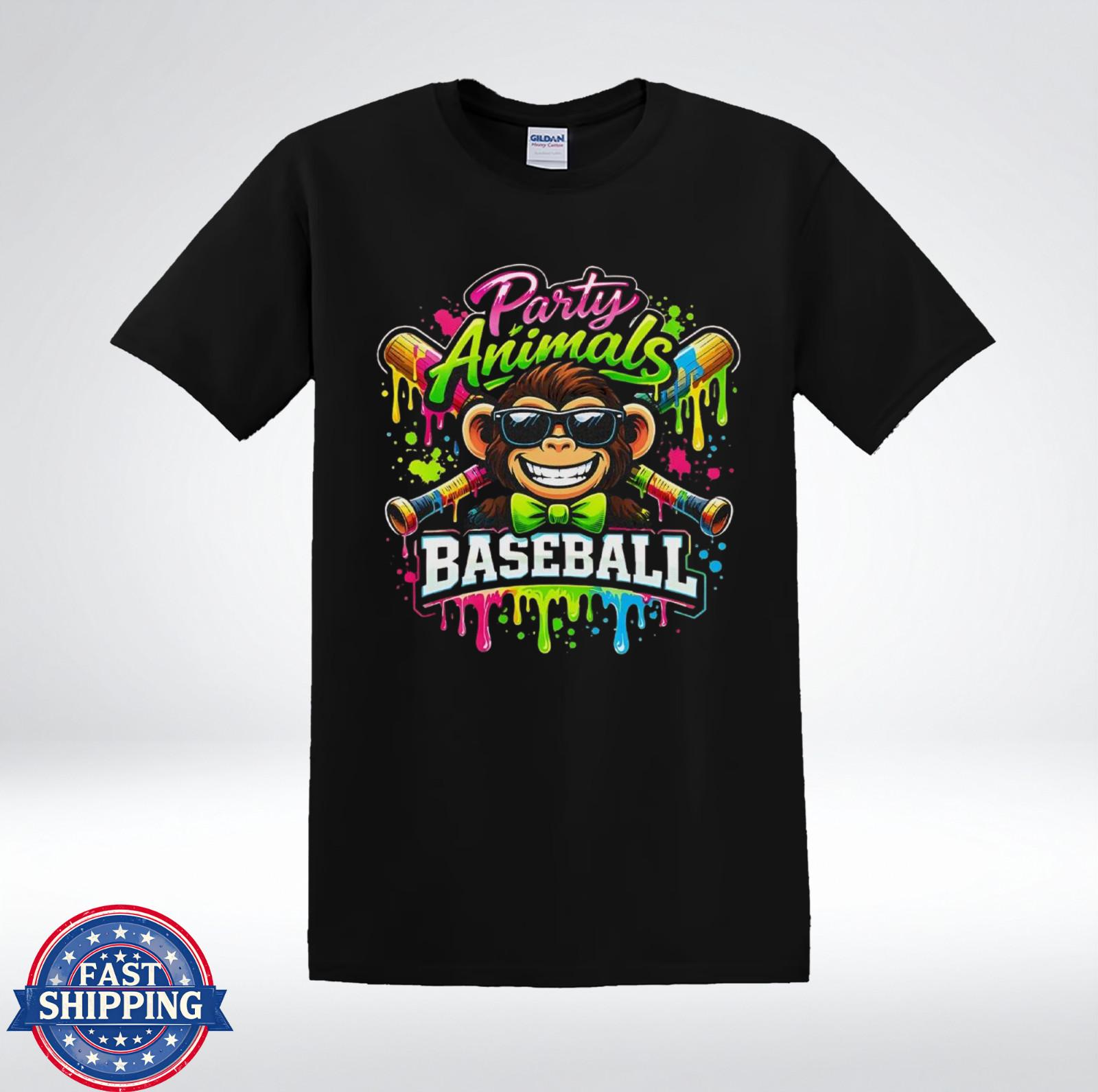 Party Animals Baseball Monkey Shirt Color Splash Funny Graphic T-Shirt S