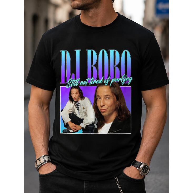 Men s Retro DJ Bobo Still Not Tired Of Partying Graphic Tee Short Sleeve Crewneck Soft Cotton Casual Streetwear Fashion Top S чёрный