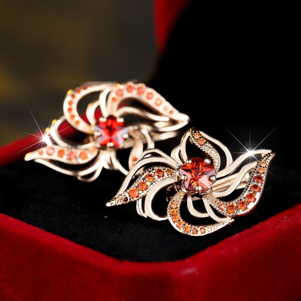Elegant Red Zircon Plum Blossom Earrings for Women Luxury Gold Color Wedding Accessories Jewelry Gift