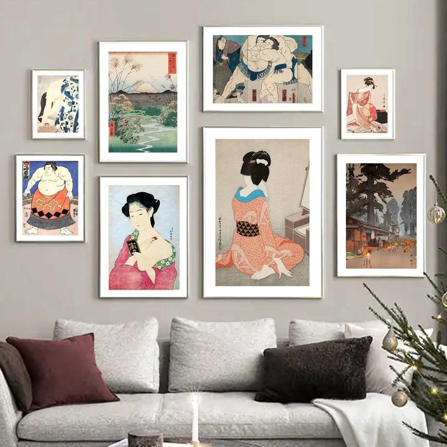 Nordic Japan Ukiyo Sumo Geisha Fuji Edo Period Wall Art, Canvas Painting, Posters and Prints, Pictures for Living Room Decor