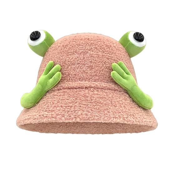 

Зимняя панама мультяшного дизайна с 3D лягушкой, утолщенная плюшевая шляпа рыбака, женский аксессуар для активного отдыха розовый