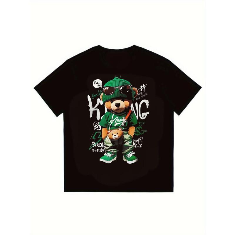 Black T Shirt With Bear Graphic And Text Print For Casual Wear His-and-hers matching Black T Shirt