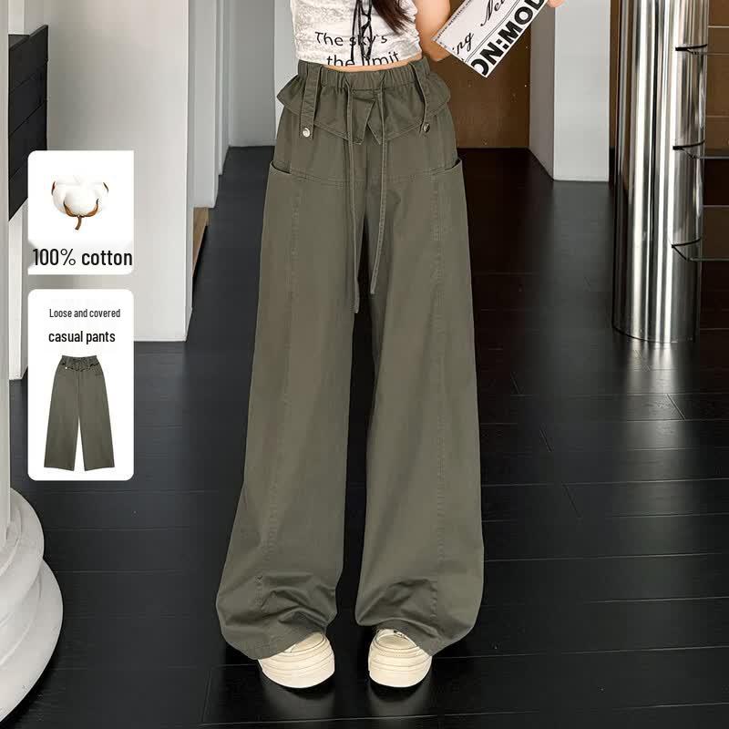 Women s Pure Cotton High-Waist Ruffle Drawstring Cargo Pants L