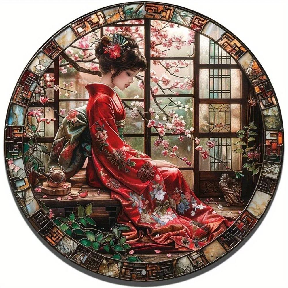 Metal Wall Art Tin Sign Japanese Kimono Round 2D Art Design 20cm