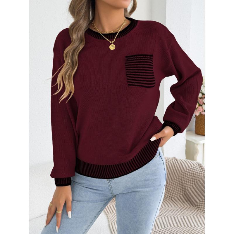 Women S Long Sleeve Striped Pocket Casual Sweater