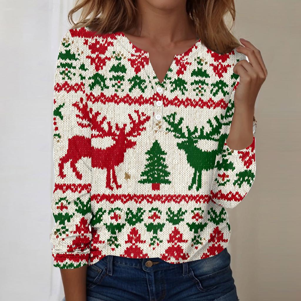 Women's Fashion Casual V-Neck Long Sleeve Decorative Button Christmas Print Top