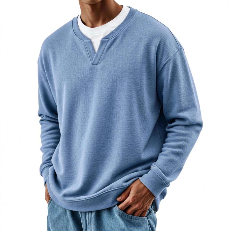 Mens Casual Henley Sweatshirt Light Green Solid Color Loose Fit Long Sleeve Crew Neck Pullover
