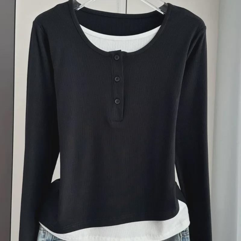 Women's Gray Two-Piece Effect Long-Sleeve T-Shirt – Slim-Fit Spring/Autumn Casual Top