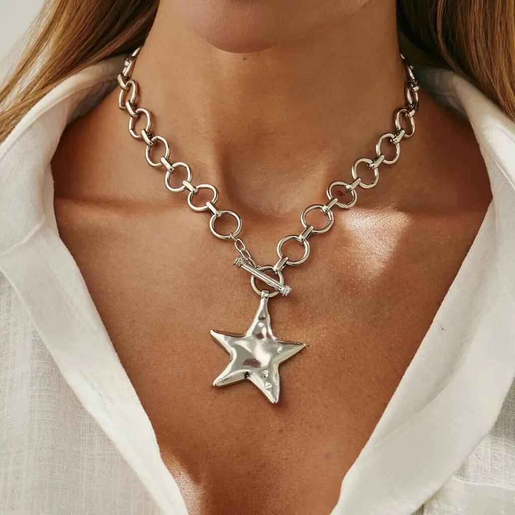 KunJoe Hip Hop Geometric Star Pendant Necklace for Women Punk Style Chunky Chain Necklace Clavicle Chain Party Street Jewelry