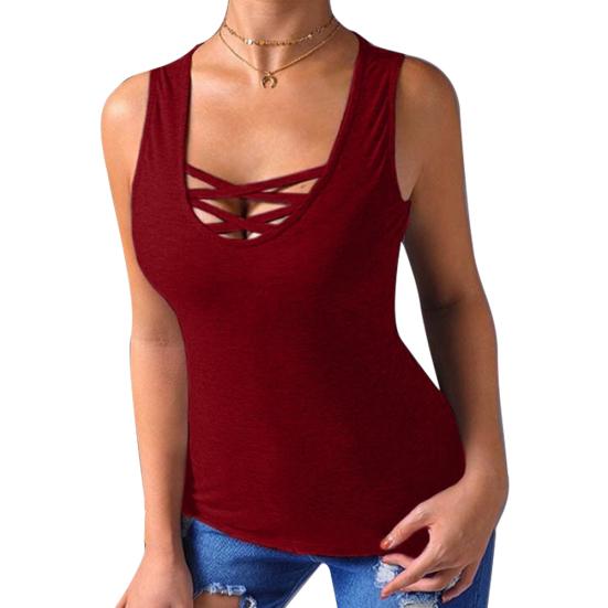Plus Size Summer Solid Color Women Cross Strap Round Neck Tank Top Slim Fit Vest