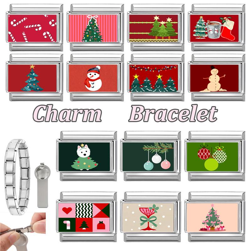 Cute Snowman Dog Santa Claus Snowflake Christmas Tree Italian Charm Links Fit 9MM Stainless Steel Bracelet Women Men DIY Making