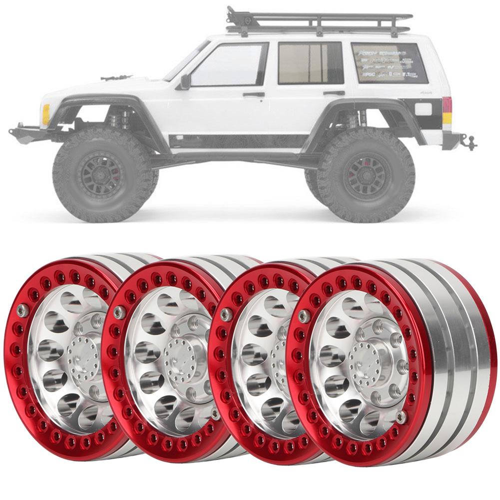 4Pcs 1.9in Aluminium Beadlock Wheel Rims Hubs for SCX10 110 RC Crawler Car (Silver Red)