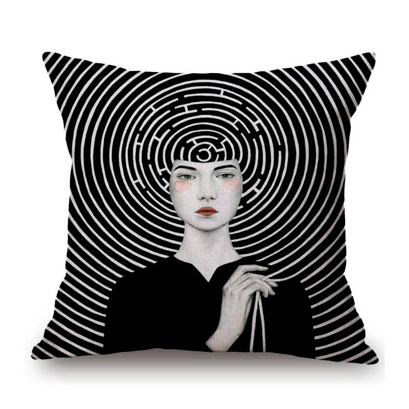 Modern Art Surrealism Black White Strips Girl Fashion Art Home Decoration Sofa Throw Pillow Case Cotton Linen Cushion Cover