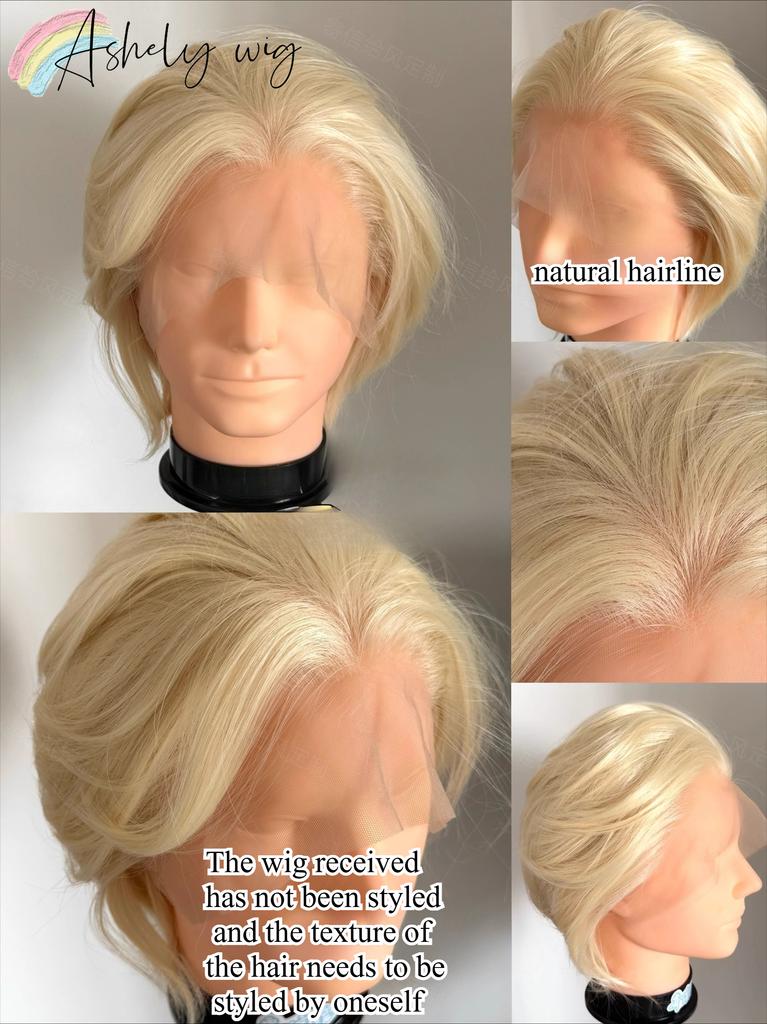 Perucă Blondă cu Dantelă pe Margine Scurtă pentru Bărbați 13*4 Peruci Sintetice cu Dantelă Păr de Înaltă Calitate Peruci cu Dantelă pe Margine Multiple Culori Disponibile