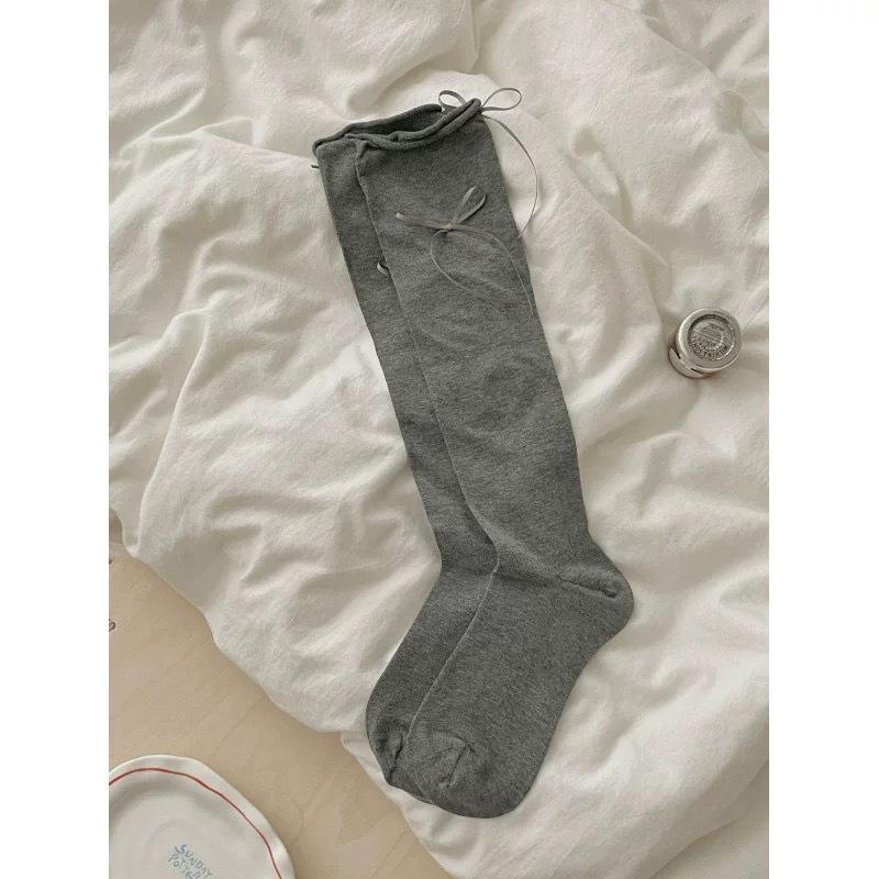 Spring/Summer Korean Style Solid Color Calf-Length Bow Knot Ballet Socks - Women's Thin, Breathable Design