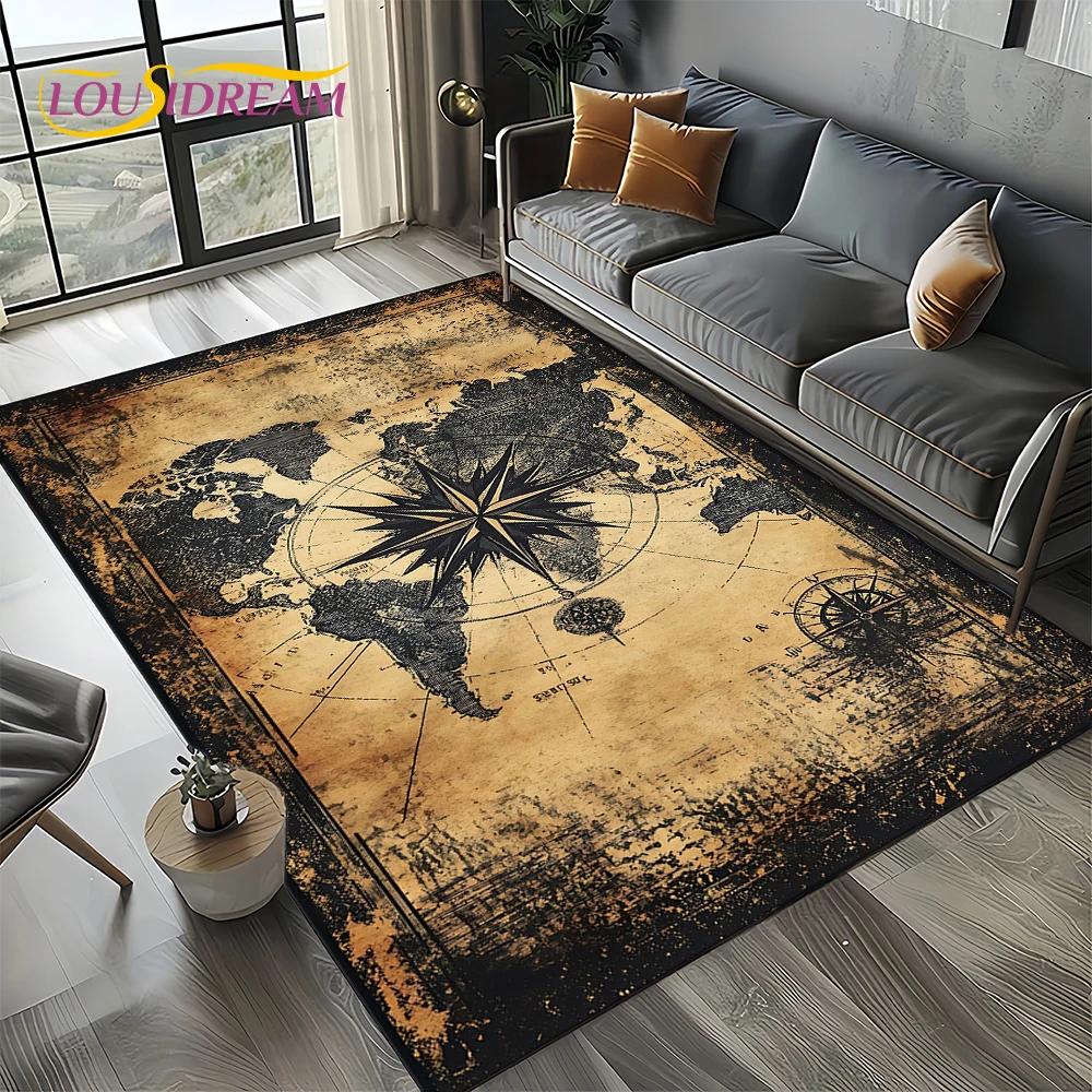 2025 Retro Ancient Nautical Chart Kraft World Map Compass Carpet Rug for Living Room Bedroom Sofa Decoration,Non-slip Floor Mat