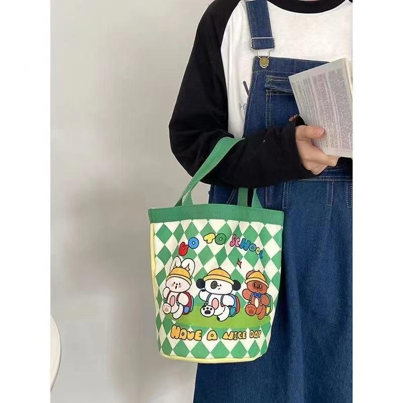 Cute illustration printed bucket bag handbag canvas bag girl heart bag bento bag work small bag