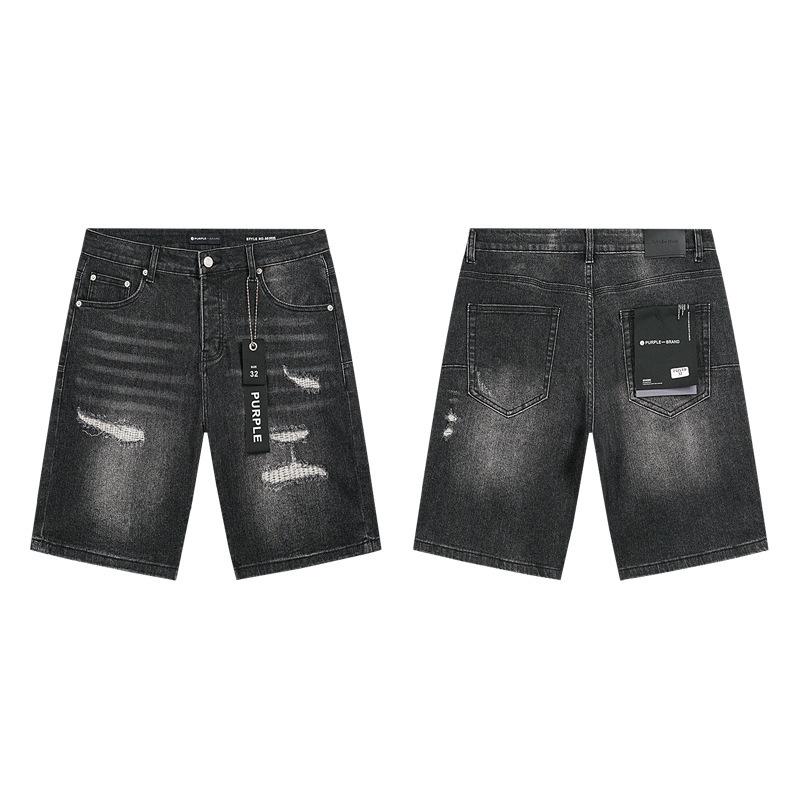Cross-border European and American Trendy Brand Purple Splashing Ink Hot Diamond Worn Washed Denim Shorts Men's and Women's High Street Straight Five-