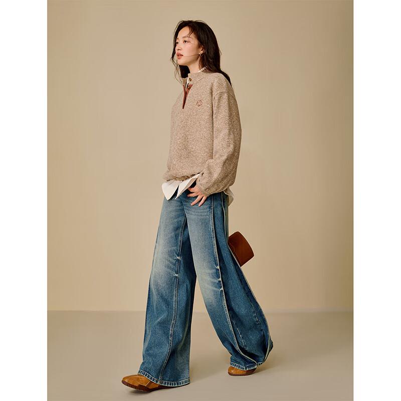 INMAN Women's Retro Colorblock Half-Placket Stand-Collar Sweater