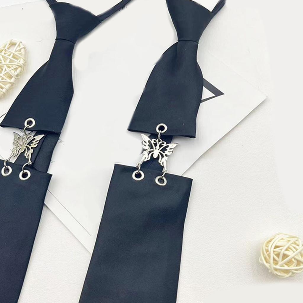 Unisex Adjustable Length Black Ties with Metal Butterfly Linked Vintage Punk Pre Tied Necktie Preppy Uniform Neckwear