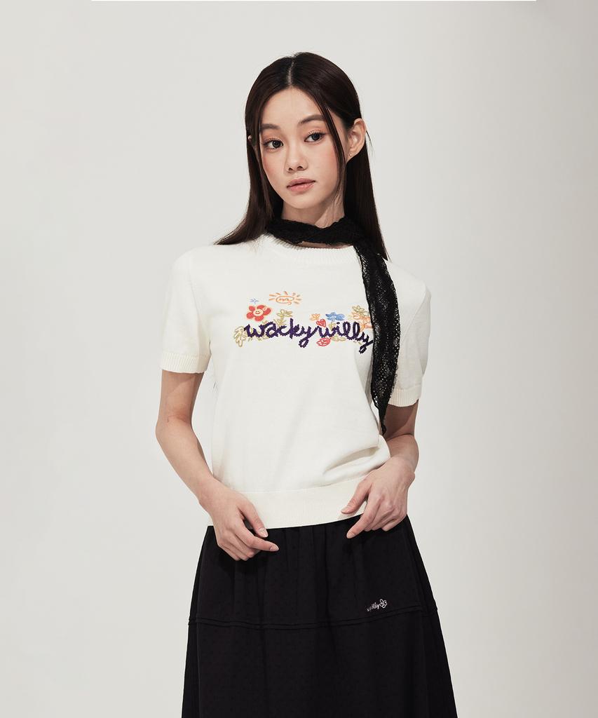 WACKY WILLY Women'S Embroidered Graphic Short Sleeve Knit Cream