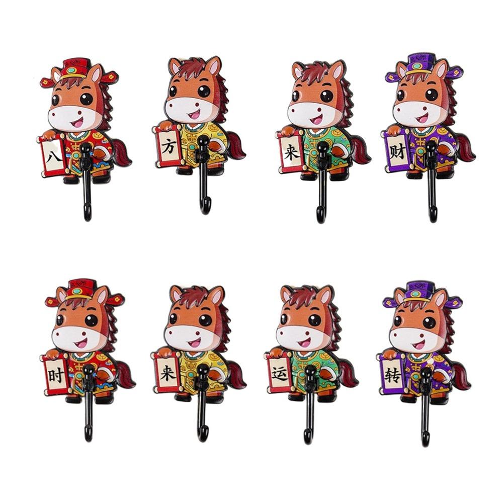 

8 Pieces Plastic Cartoon Horse Hooks Chinese Style Decorative Wall Mounted Hook Blessing Words Waterproof Key Hangers Entrance