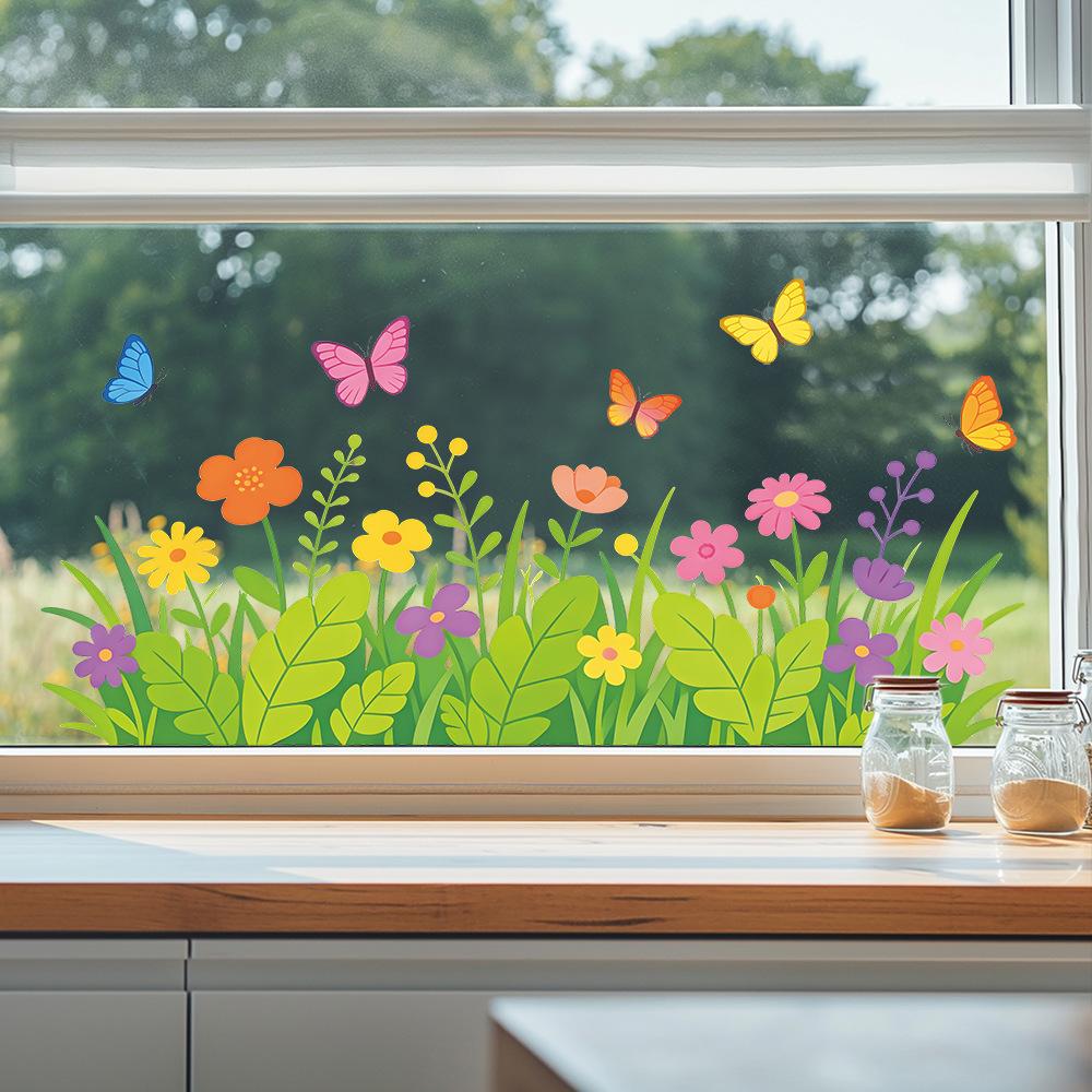 Simple and Fresh Grass, Flowers, Butterflies. Outdoor Balcony. Glass Windows. Window Stickers for Beautification.