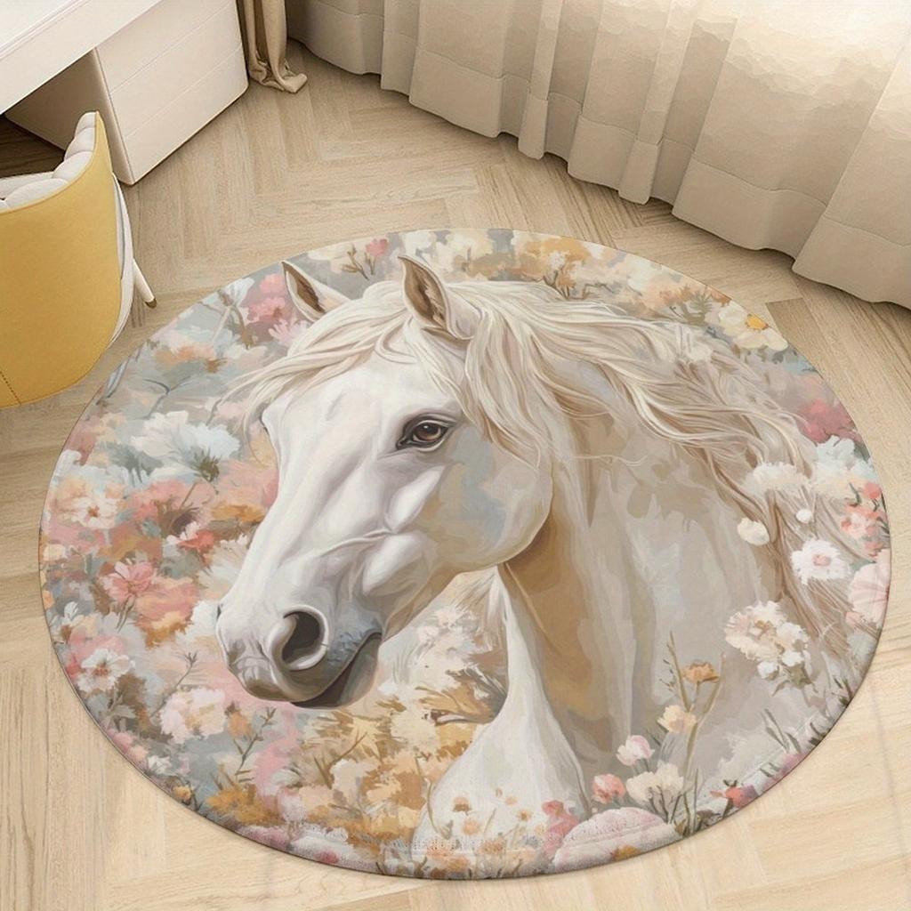 White Horse Floral Round Rug Flannel Printed Carpet Artistic Theme Home Decor Cozy Soft Floor Mat Living Room Indoor Use