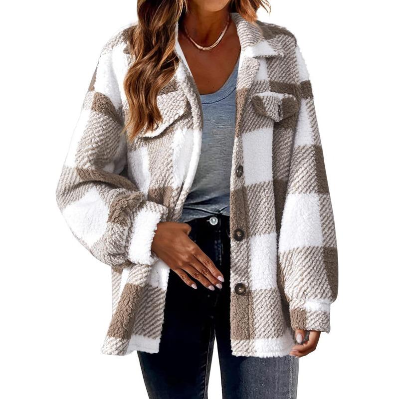 Women's Plush Fleece Winter Jacket - Yellow & White Checkered High Elasticity Coat, Inspired Elegance Collection for Fall & Winter