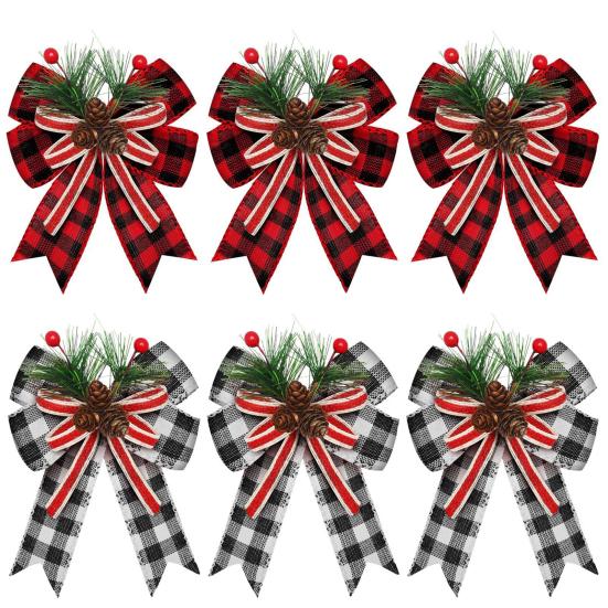 Christmas Burlap Plaid Bow with Pine Cones Pine Needles Large Buffalo Plaid Bow Xmas Wreath Checkered Bow for Holiday Crafts Home Party Tree Decor