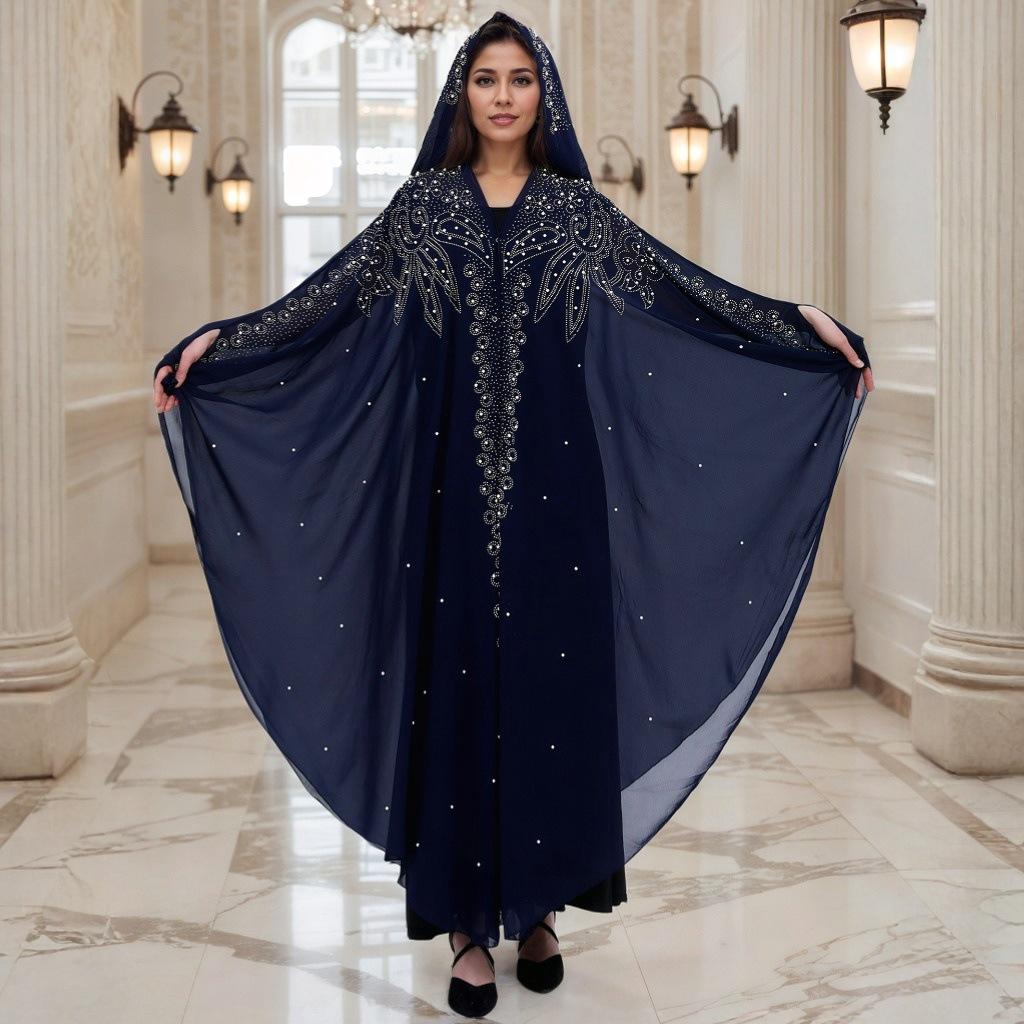 Womne Muslim Dress Embroidered Beads Abaya Dress Muslimah Hooded Robe Chiffon Kaftan Long Dress Middle East Africa Plus Size Maxi Dress