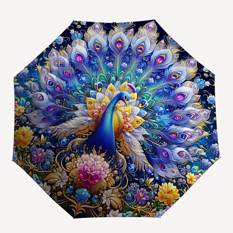1pc Enchanted Peacock Pattern Automatic Umbrella is Fashionable and Good-Looking, a Portable 3-Fold Umbrella, Suitable for Travel and Daily Use, a Tra
