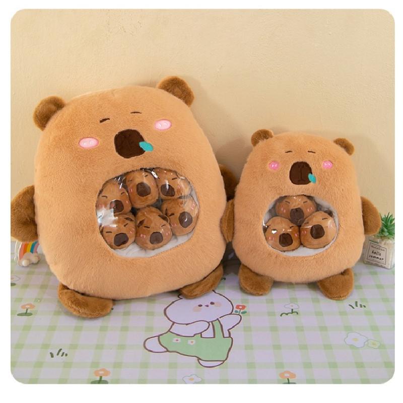 Cute Capybara Stuffed Toy Pillow Bag With Six Mini Plushies Stress-relief Dolls