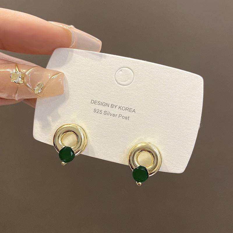 Korea Dongdaemun emerald zircon stud earrings women s simple niche temperament circle earrings retro fashion ear jewelry