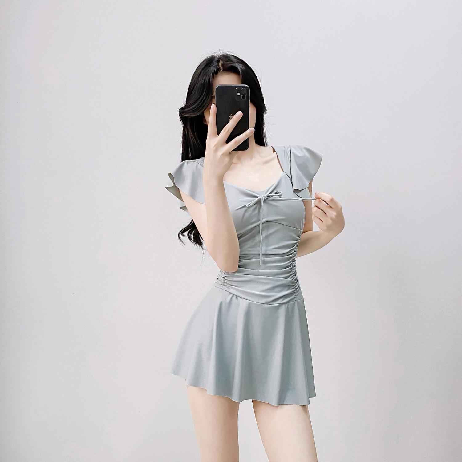 

Swimsuit skirt-style one-piece conservative and thin ins less wind and small breasts gather hot spring swimsuit XXL небо синє кольору