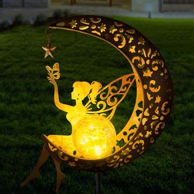 Solar Powered Garden Statues Outdoor Decor Fairy Moon Figurine LED Light Stake Ornament for Patio Lawn Yard Pathway Sweet Gift