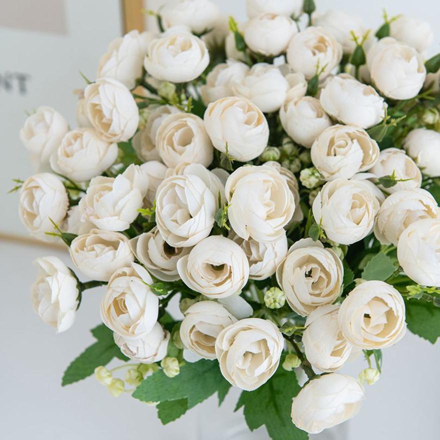 

Artificial Flowers Cheap Silk Tea Buds Roses Wedding Garden Bridal Bouquet Festival Wreath Decoration Vases Home Room Fake Peony 2pcs білий