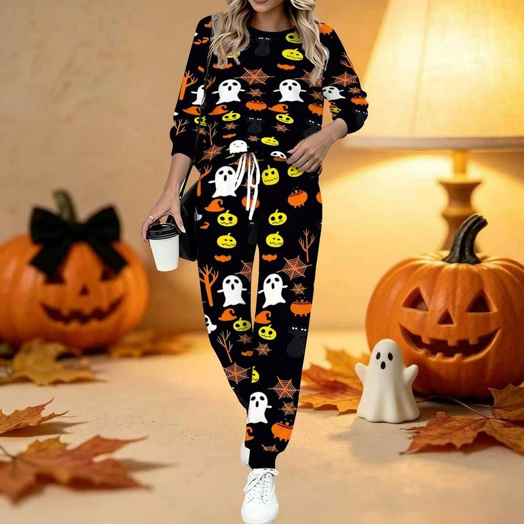 Women Halloween Print Two Piece Outfit, Long Sleeve Crew Neck Top & Drawstring Jogger Pants Casual Tracksuit for Spring Autumn